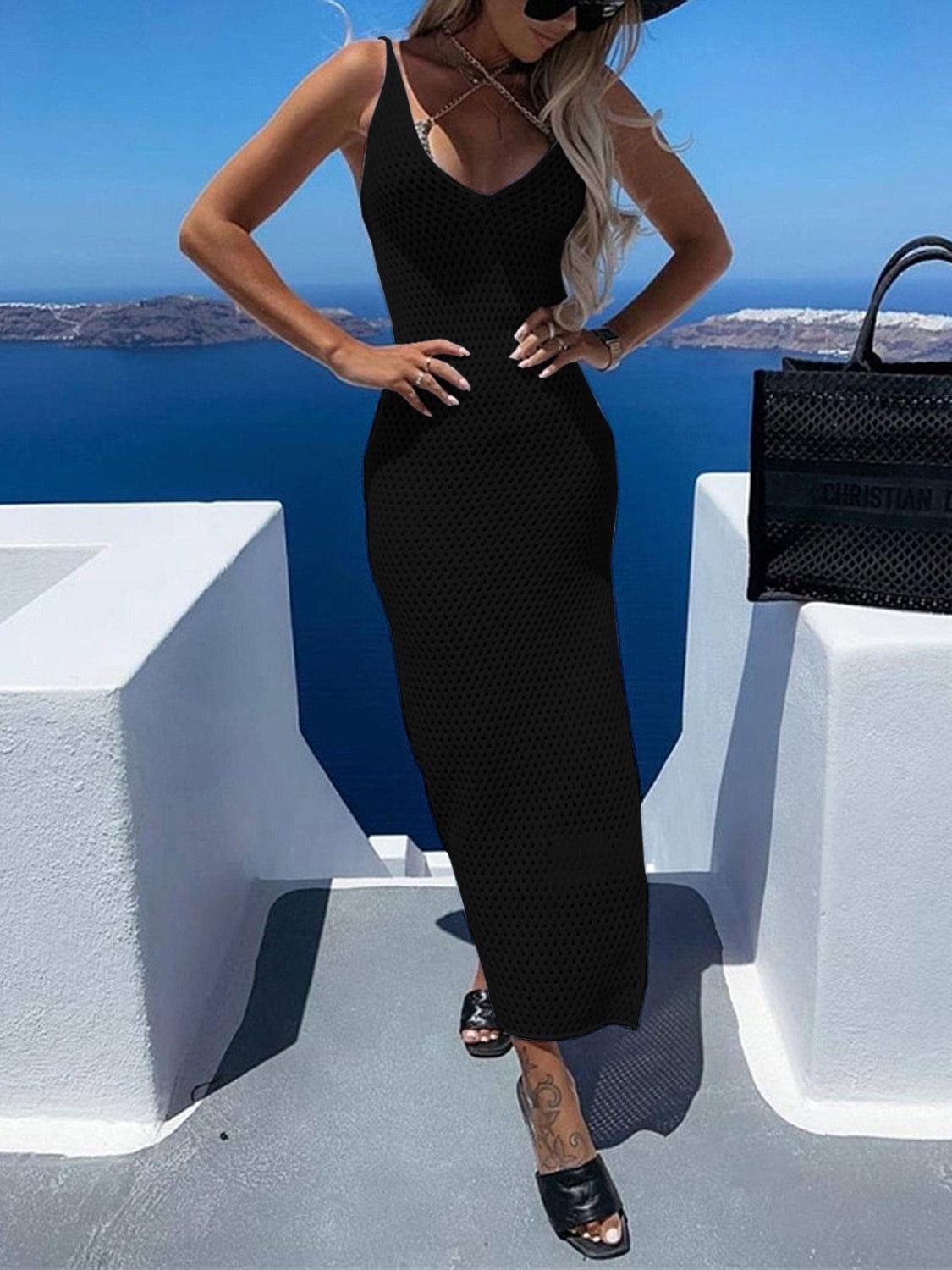 Slit Openwork V-Neck Sleeveless Cover Up - Clothes For Her Online Store