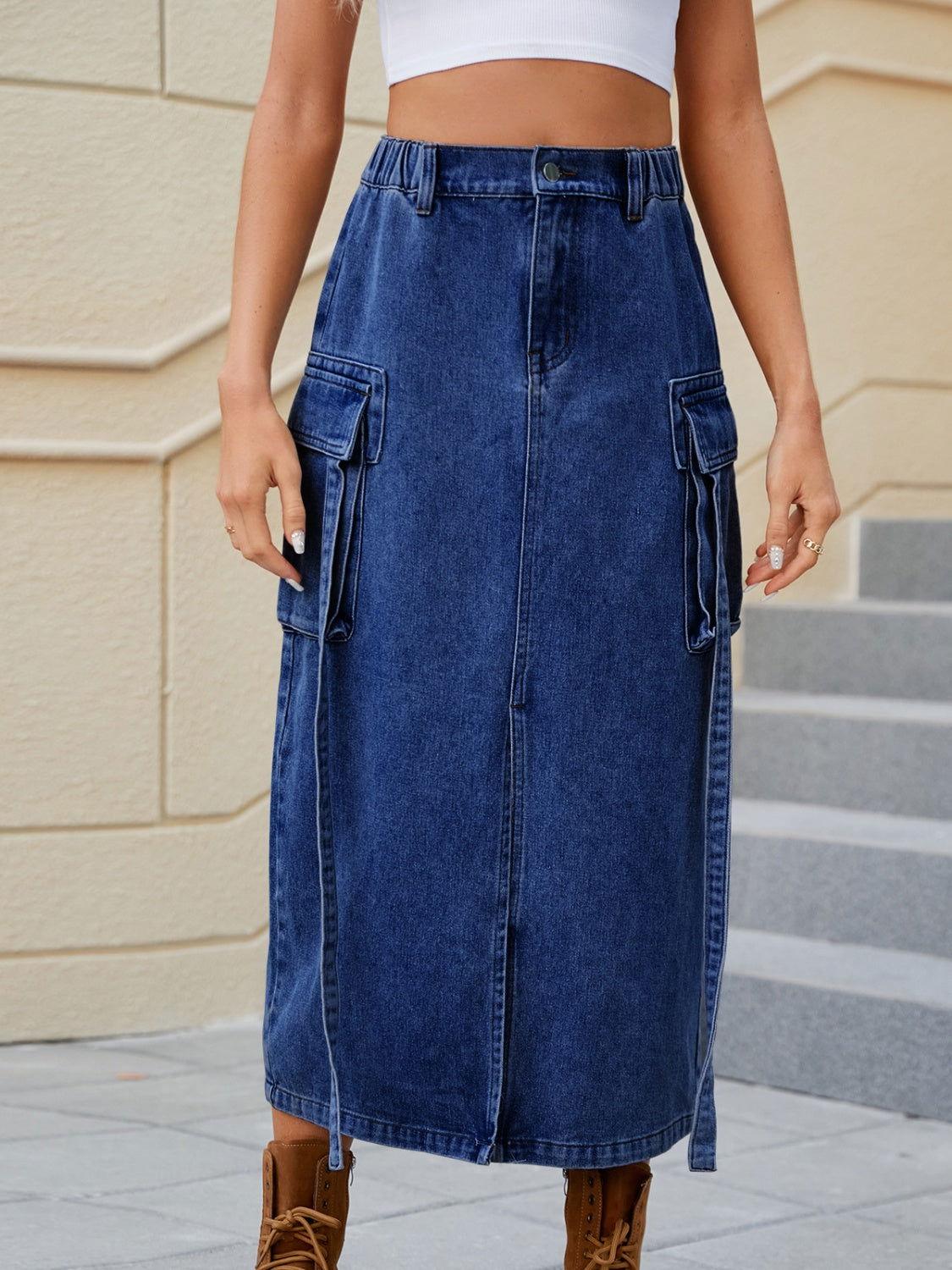 Slit Pocketed High Waist Denim Skirt - Clothes For Her Online Store