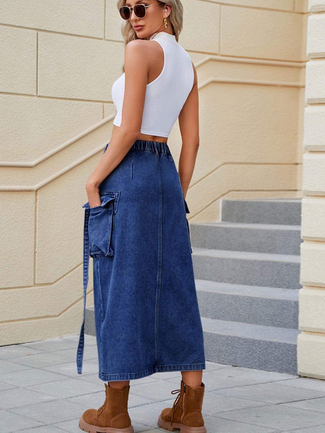 Slit Pocketed High Waist Denim Skirt - Clothes For Her Online Store