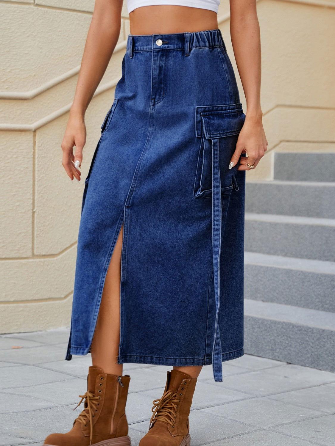 Slit Pocketed High Waist Denim Skirt - Clothes For Her Online Store