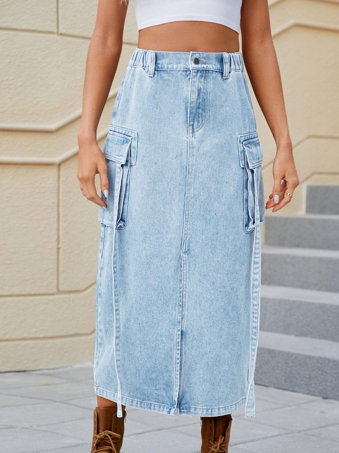 Slit Pocketed High Waist Denim Skirt - Clothes For Her Online Store