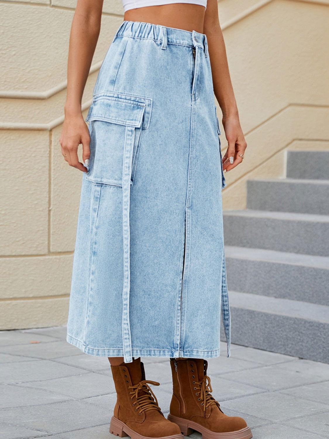 Slit Pocketed High Waist Denim Skirt - Clothes For Her Online Store