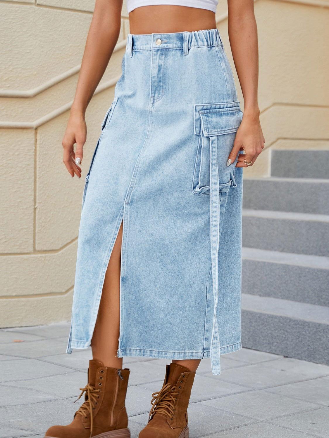 Slit Pocketed High Waist Denim Skirt - Clothes For Her Online Store
