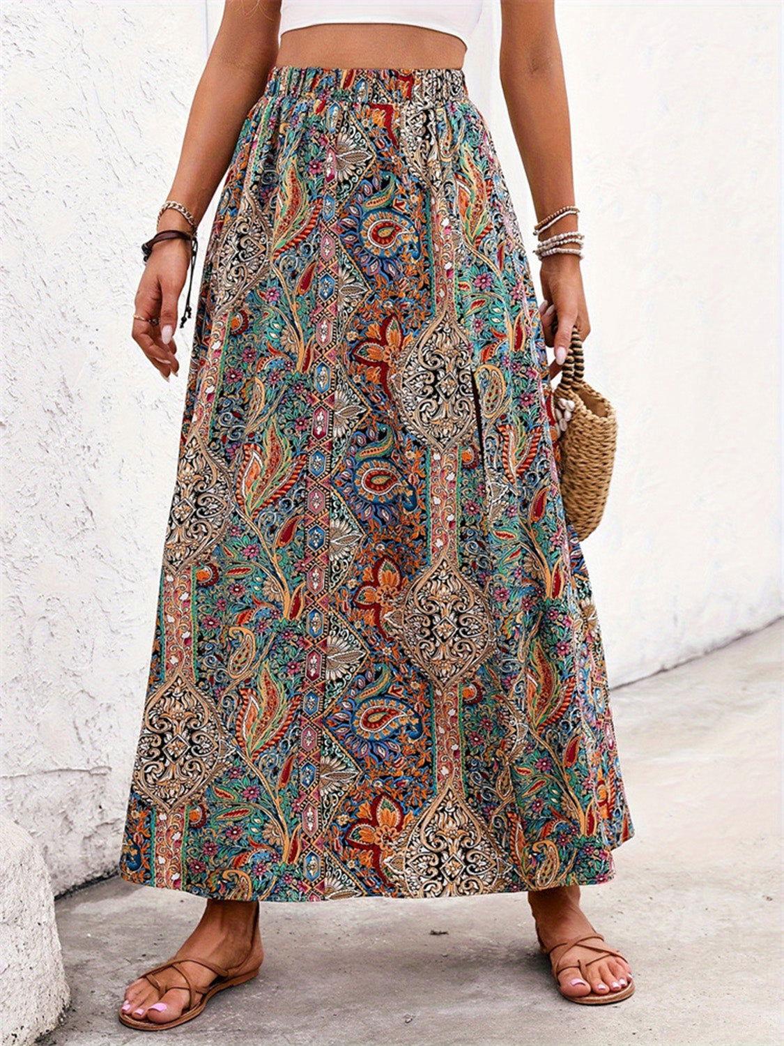 Slit Printed Elastic Waist Skirt - Clothes For Her Online Store
