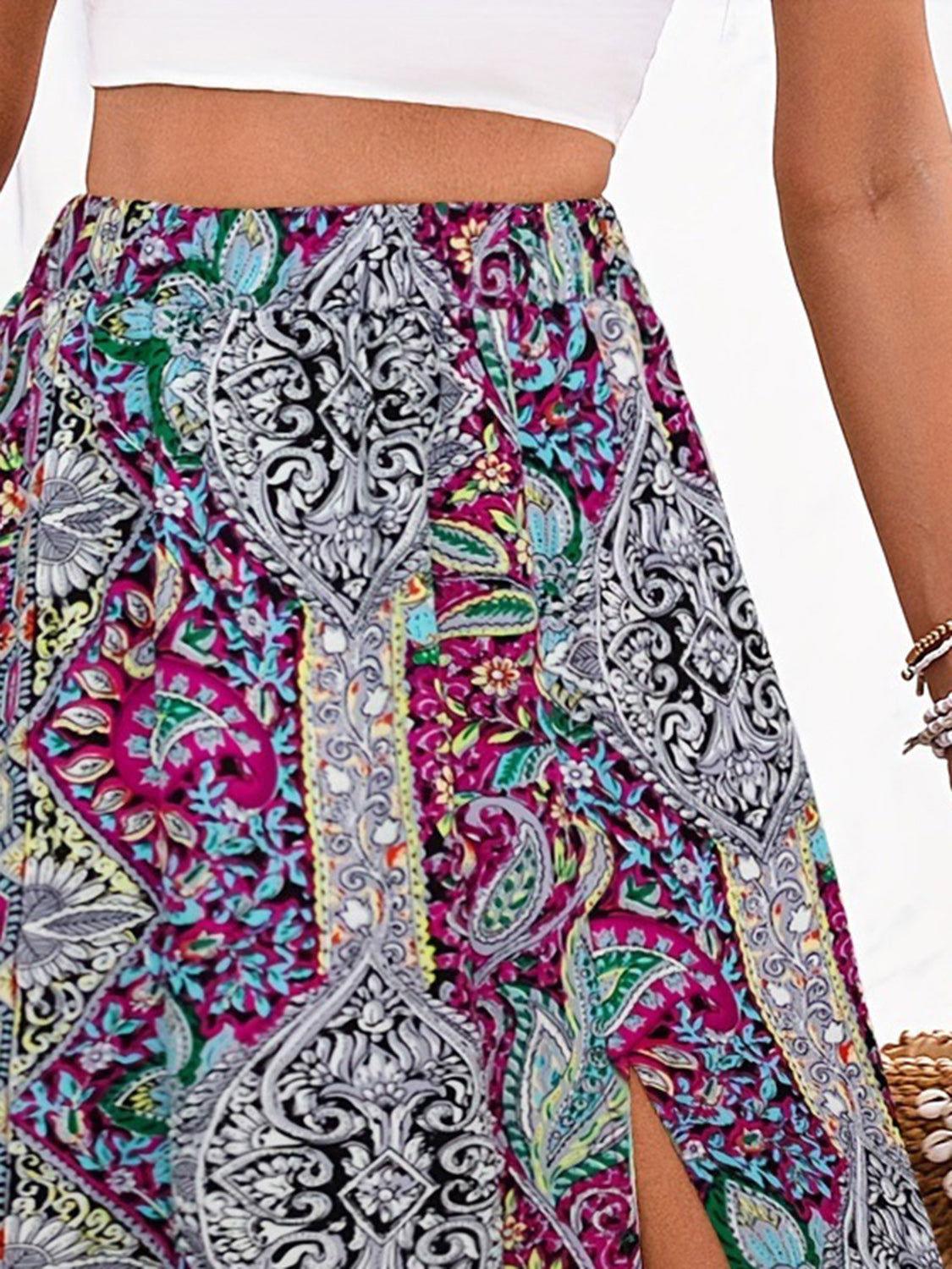 Slit Printed Elastic Waist Skirt - Clothes For Her Online Store