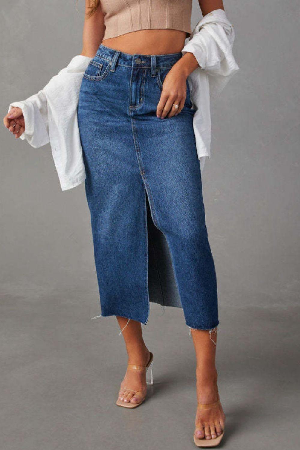 Slit Raw Hem Midi Denim Skirt - Clothes For Her Online Store