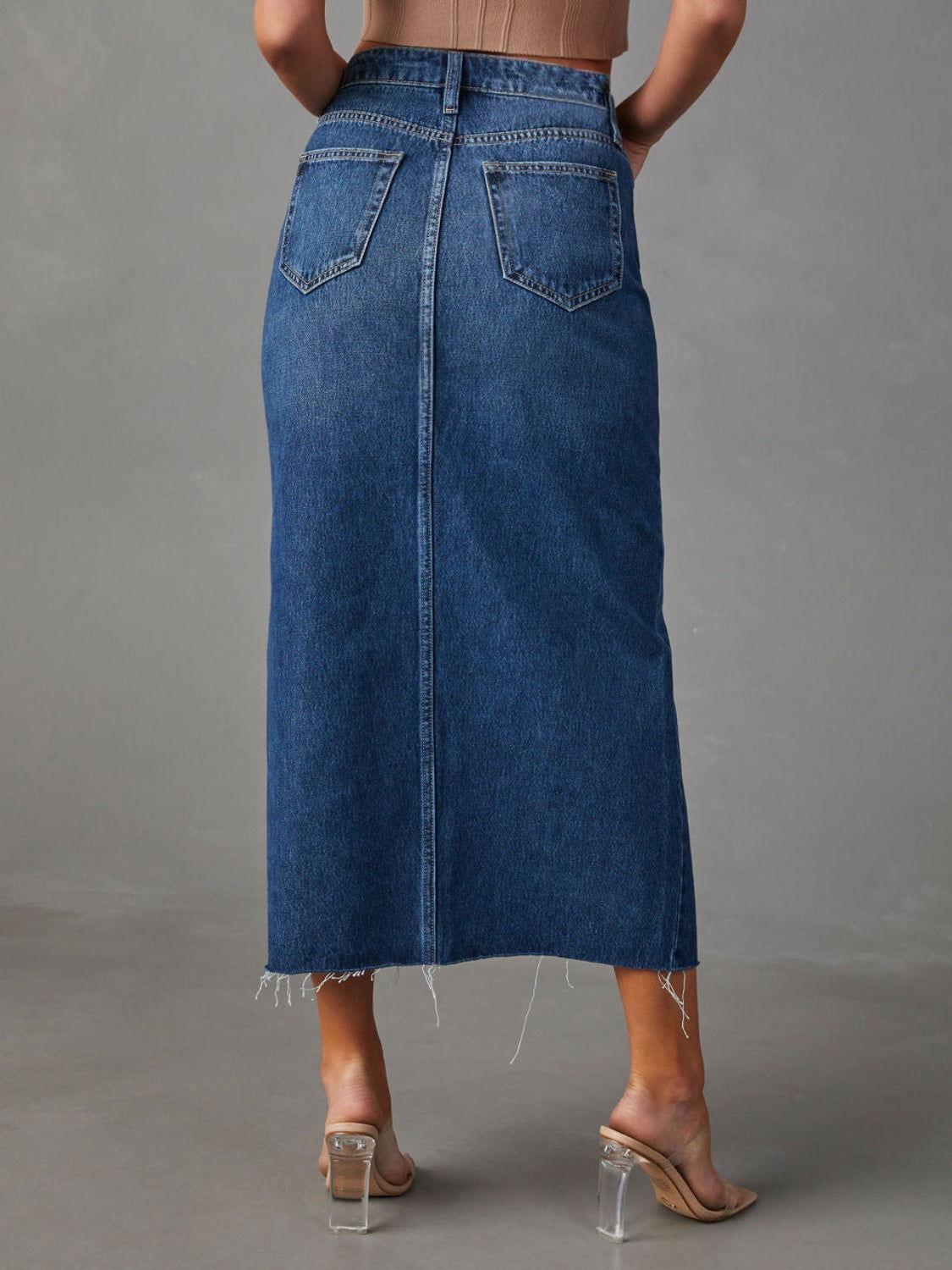 Slit Raw Hem Midi Denim Skirt - Clothes For Her Online Store