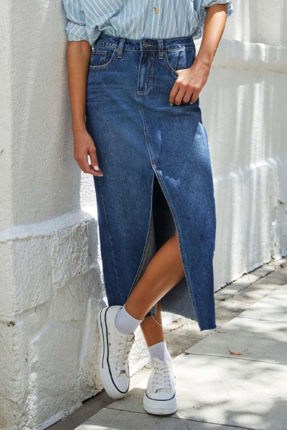 Slit Raw Hem Midi Denim Skirt - Clothes For Her Online Store