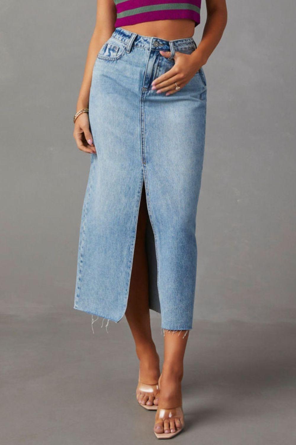 Slit Raw Hem Midi Denim Skirt - Clothes For Her Online Store