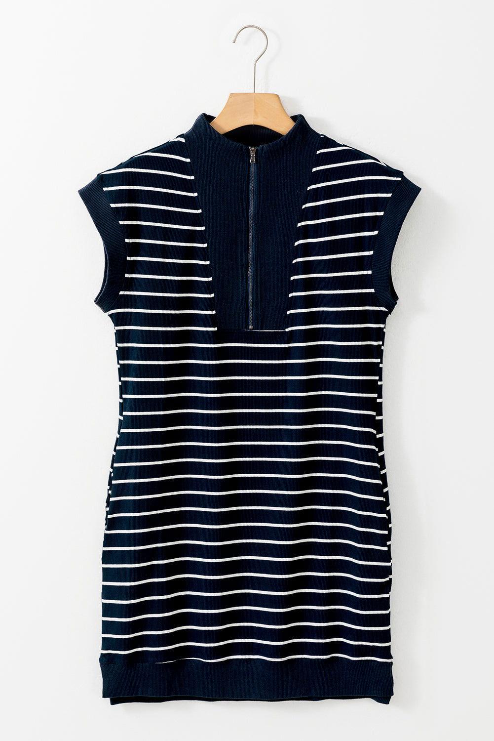 Slit Striped Collared Neck Cap Sleeve Mini Dress