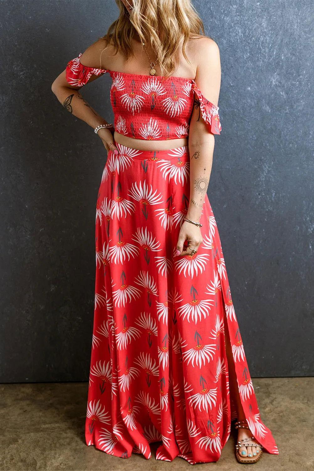 Smocked Off-Shoulder Top and Slit Skirt Set - Clothes For Her Online Store