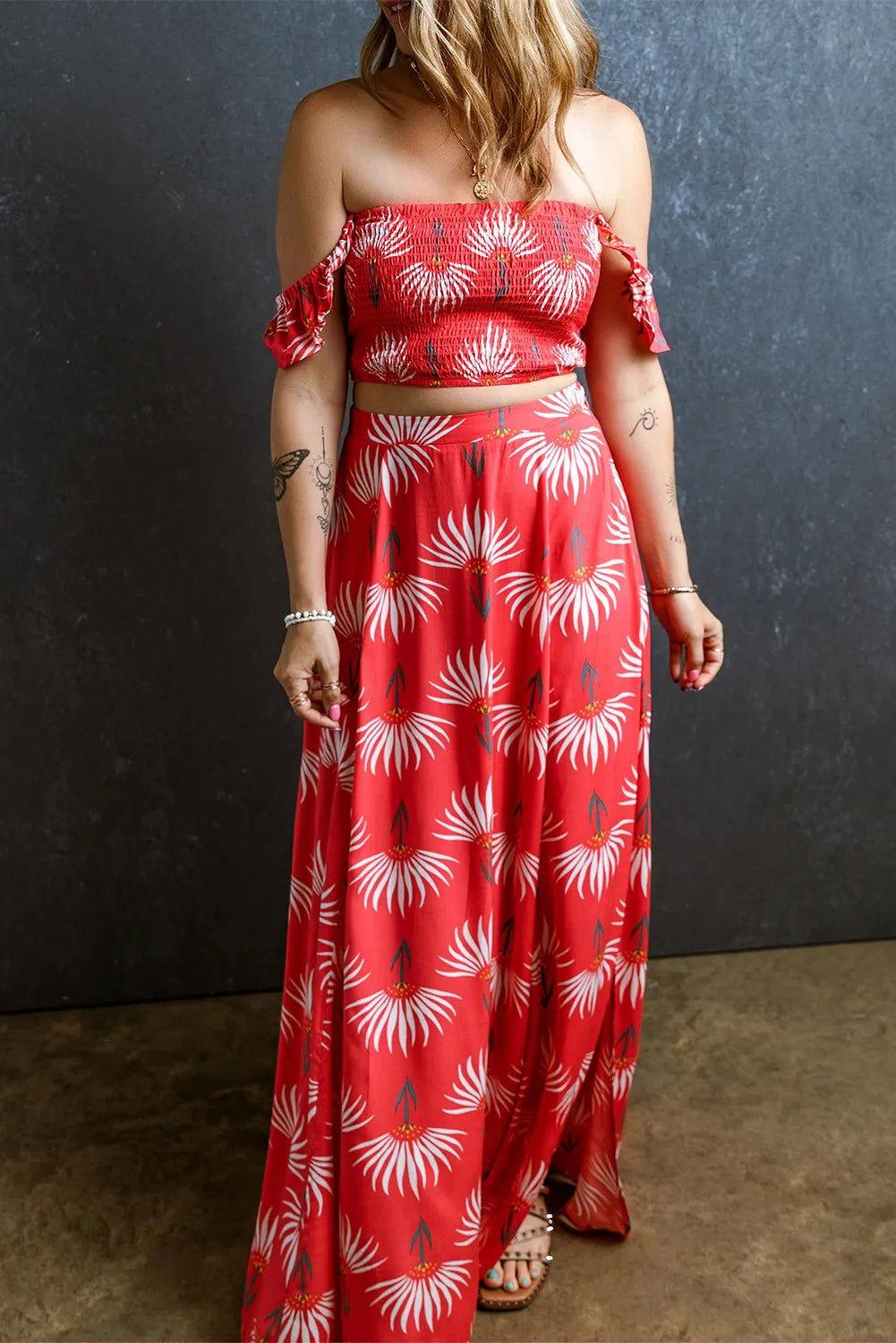 Smocked Off-Shoulder Top and Slit Skirt Set - Clothes For Her Online Store