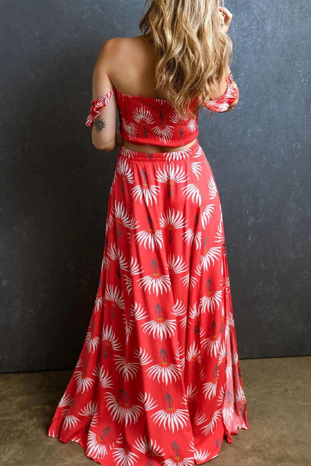 Smocked Off-Shoulder Top and Slit Skirt Set - Clothes For Her Online Store