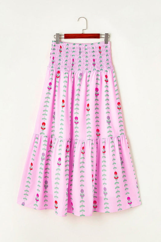 Smocked Printed High Waist Skirt