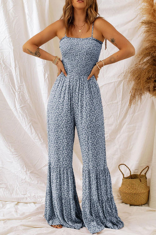 Smocked Printed Wide Strap Jumpsuit - Clothes For Her Online Store