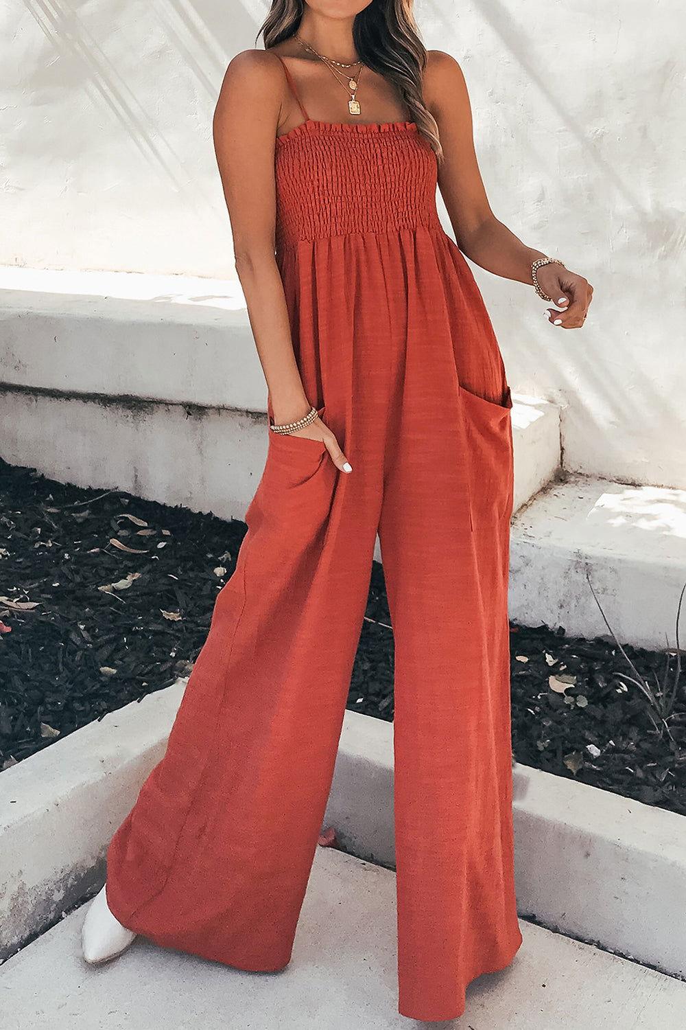 Smocked Spaghetti Strap Wide Leg Jumpsuit - Clothes For Her Online Store