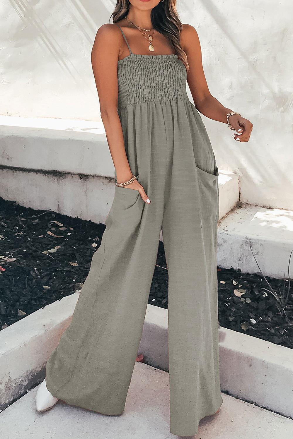 Smocked Spaghetti Strap Wide Leg Jumpsuit - Clothes For Her Online Store