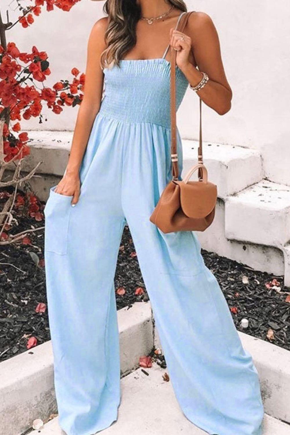 Smocked Spaghetti Strap Wide Leg Jumpsuit - Clothes For Her Online Store