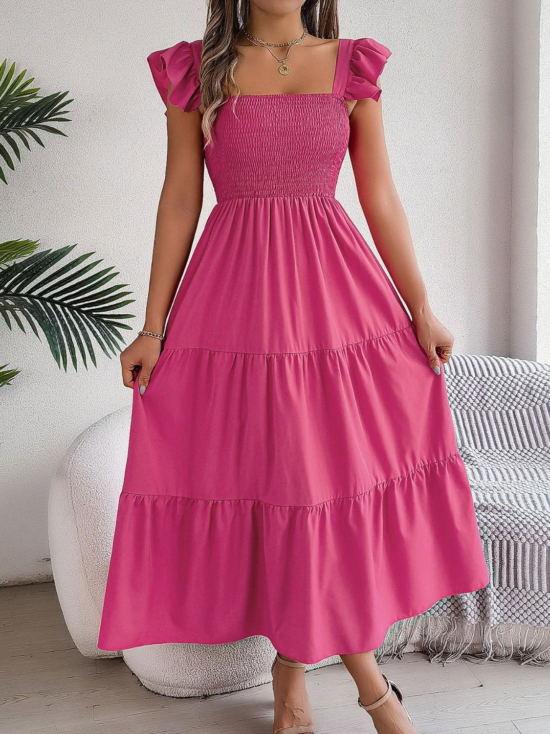 Smocked Square Neck Cap Sleeve Midi Dress