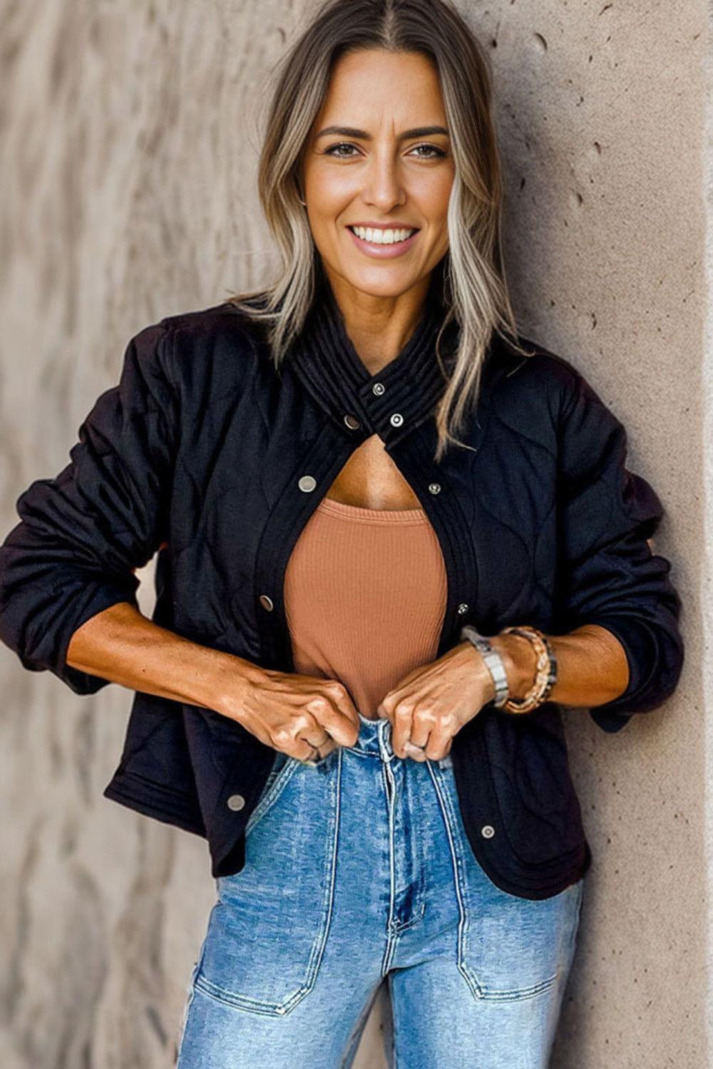 Snap Down Baseball Collar Jacket - Clothes For Her Online Store