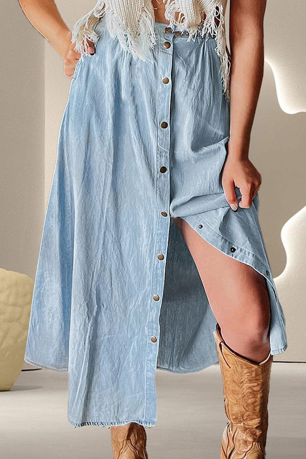 Snap Down High Waist Denim Skirt - Clothes For Her Online Store