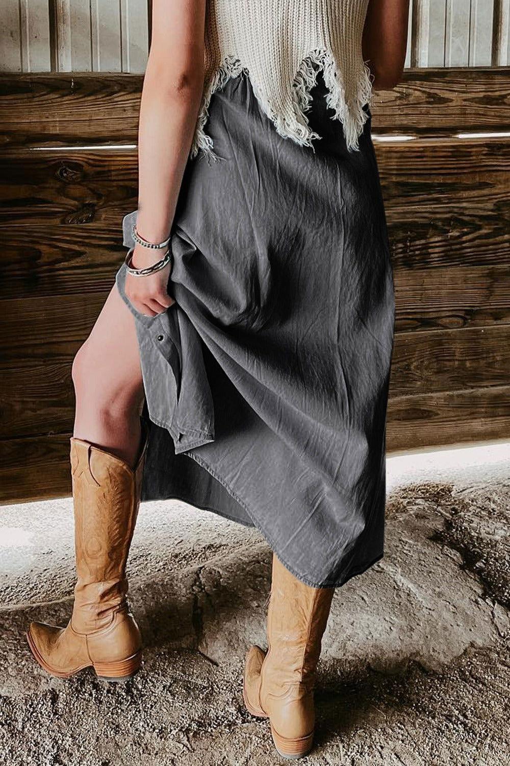 Snap Down High Waist Denim Skirt - Clothes For Her Online Store