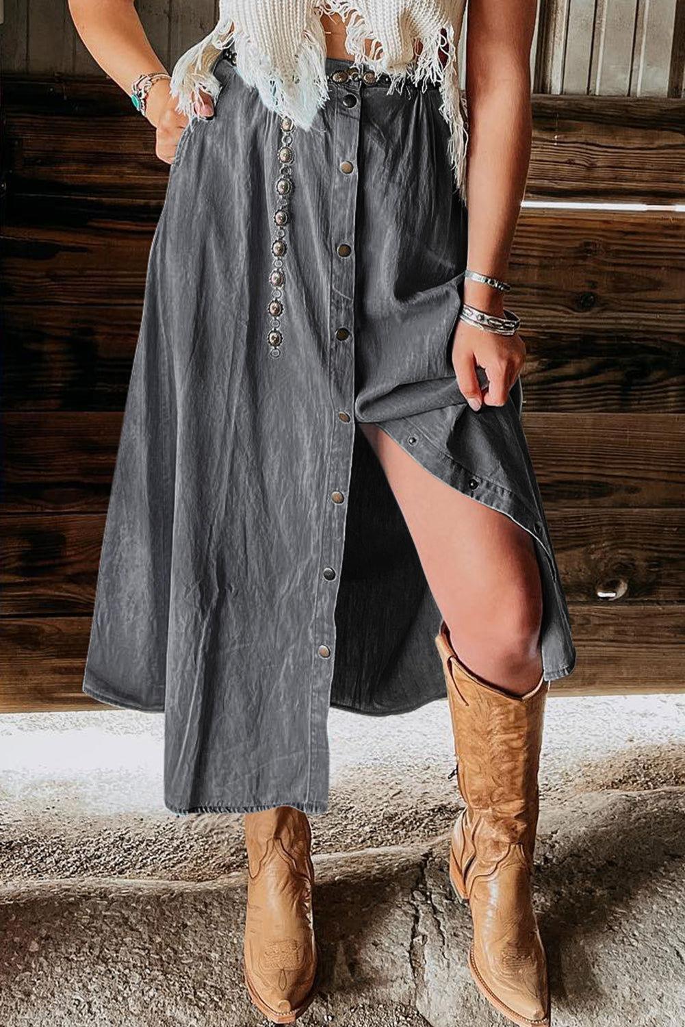 Snap Down High Waist Denim Skirt - Clothes For Her Online Store