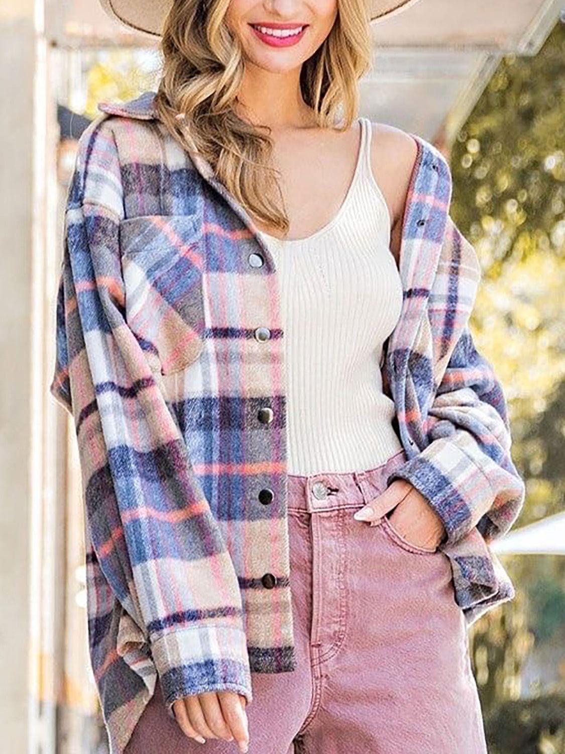 Snap Up Plaid Collared Neck Jacket with Pocket - Clothes For Her Online Store