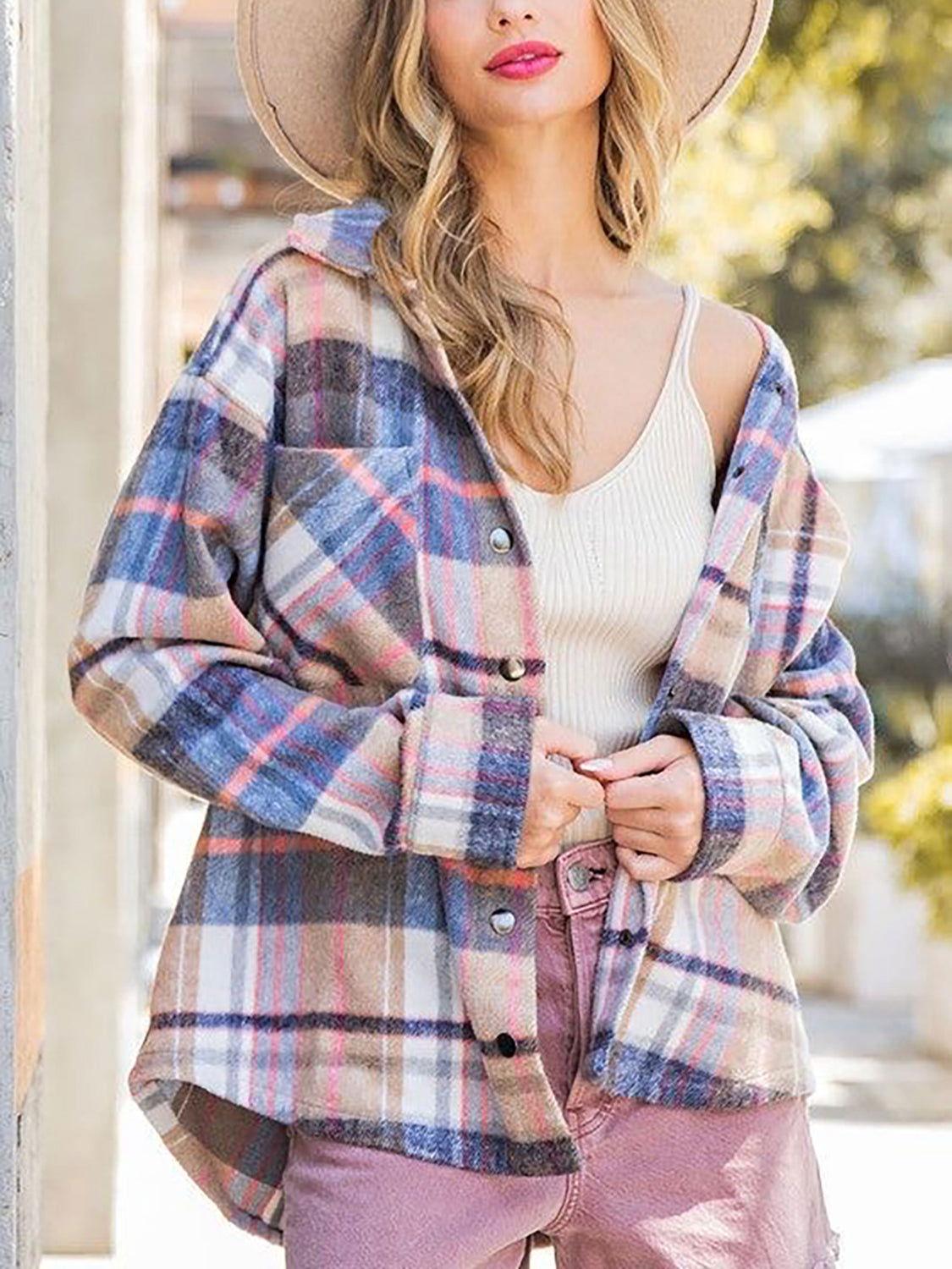 Snap Up Plaid Collared Neck Jacket with Pocket - Clothes For Her Online Store
