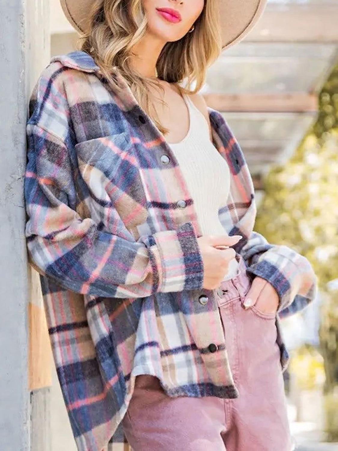 Snap Up Plaid Collared Neck Jacket with Pocket - Clothes For Her Online Store