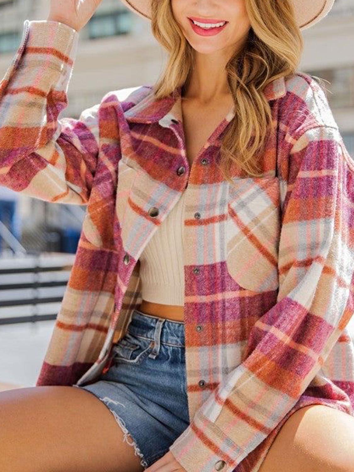 Snap Up Plaid Collared Neck Jacket with Pocket - Clothes For Her Online Store