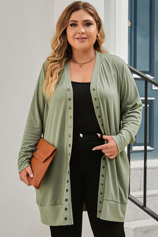Snap Up V-Neck Long Sleeve Cardigan with Pockets - Clothes For Her Online Store