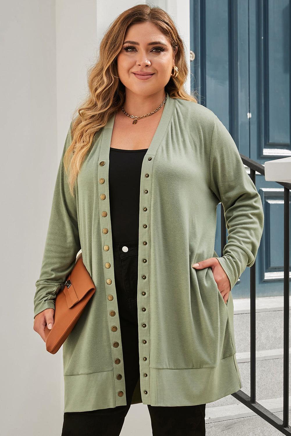 Snap Up V-Neck Long Sleeve Cardigan with Pockets - Clothes For Her Online Store