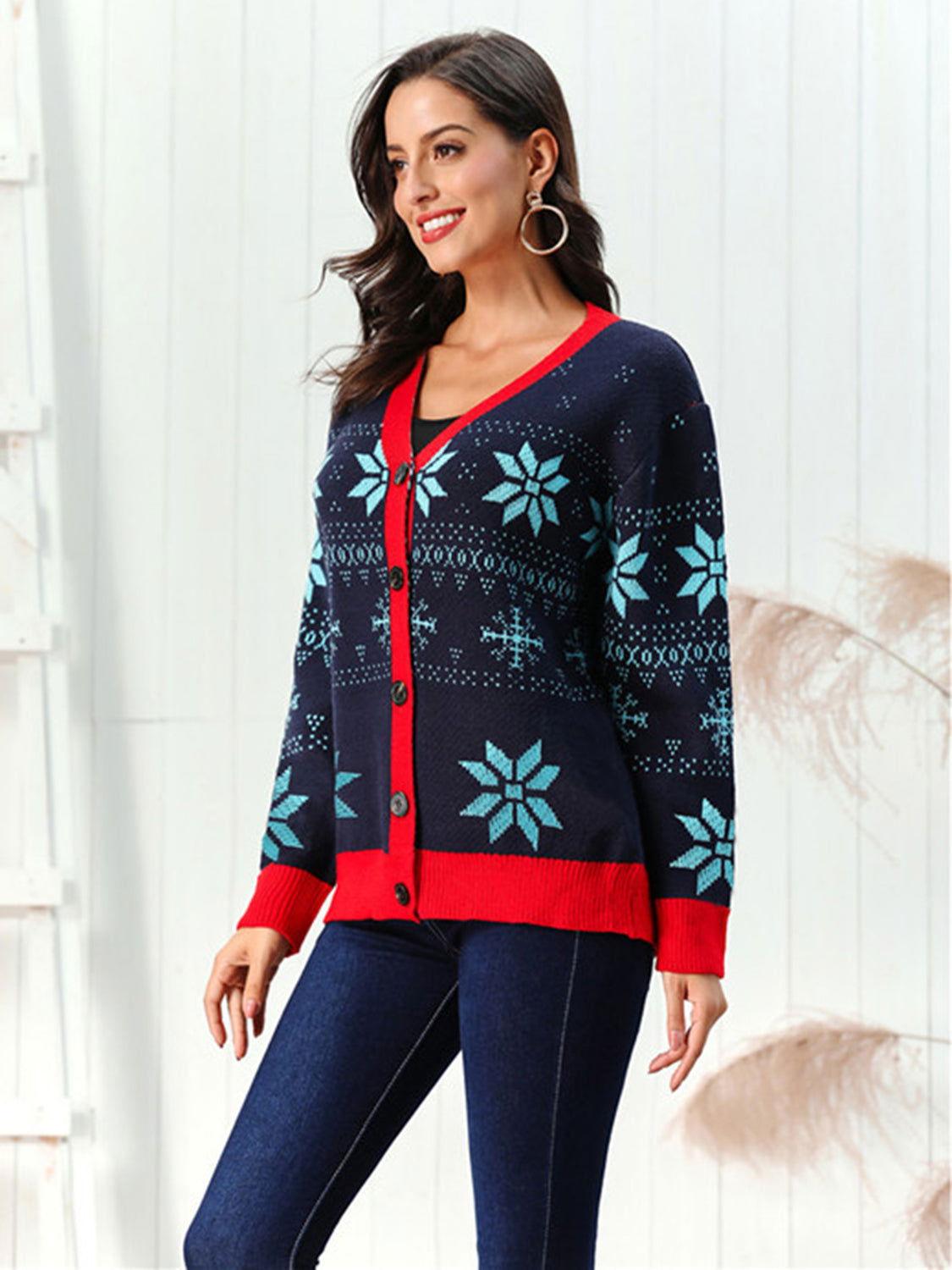 Snowflake Pattern Button Down Cardigan - Clothes For Her Online Store