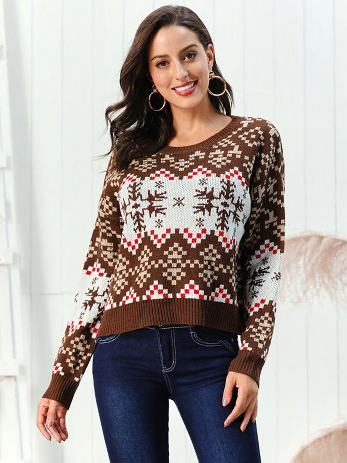 Snowflake Pattern Round Neck Sweater - Clothes For Her Online Store