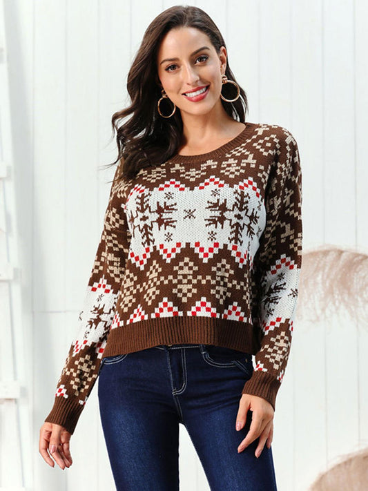 Snowflake Pattern Round Neck Sweater - Clothes For Her Online Store