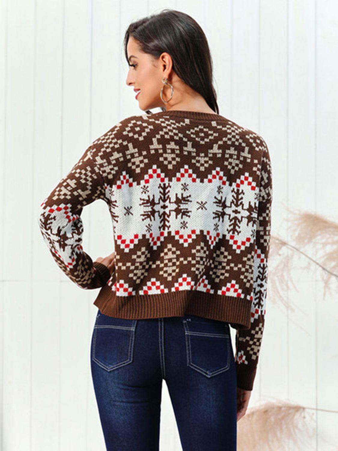 Snowflake Pattern Round Neck Sweater - Clothes For Her Online Store