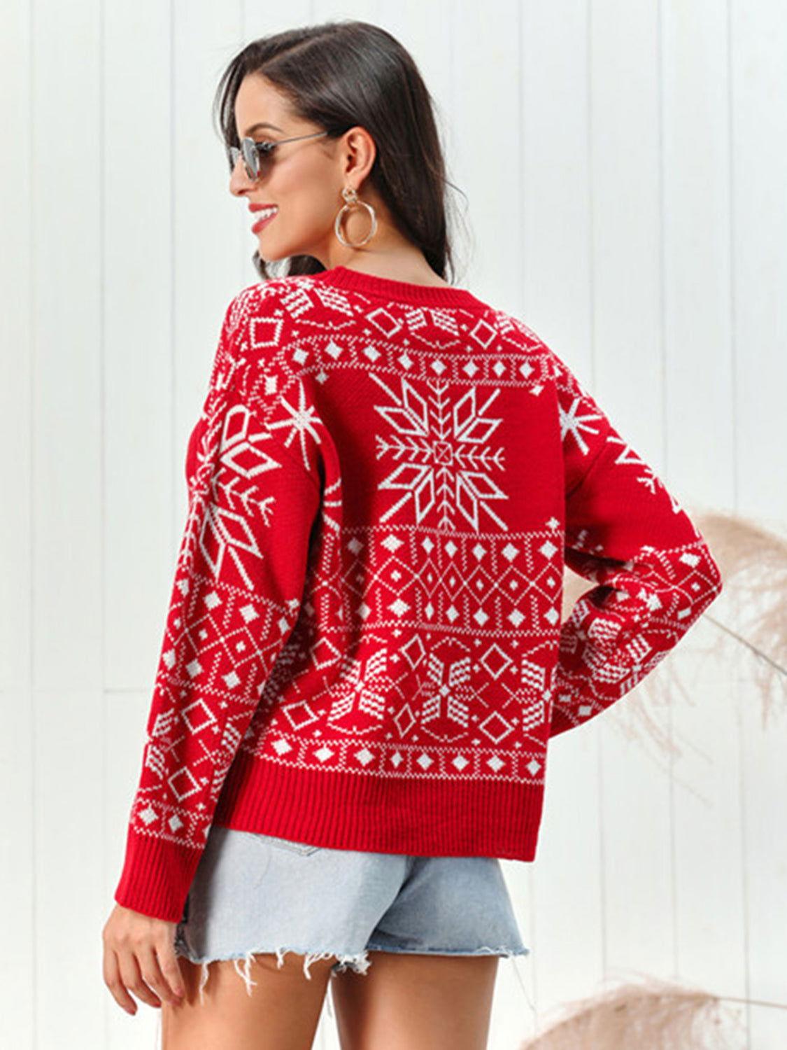 Snowflake Pattern Round Neck Sweater - Clothes For Her Online Store