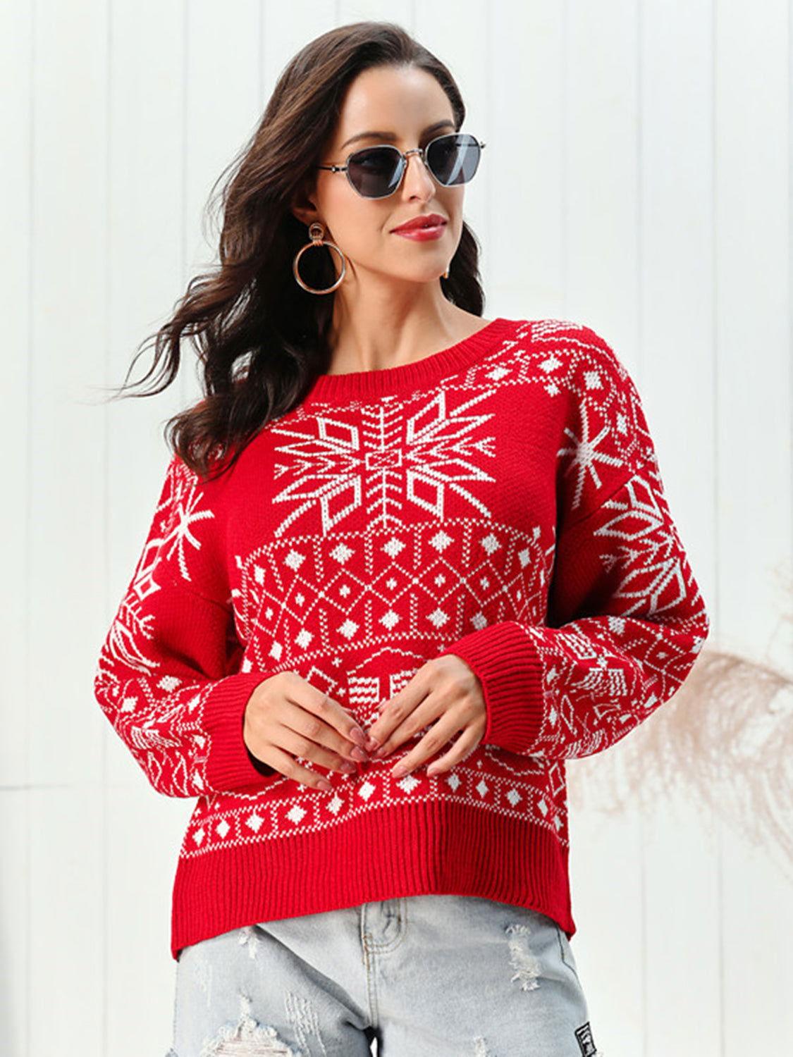 Snowflake Pattern Round Neck Sweater - Clothes For Her Online Store