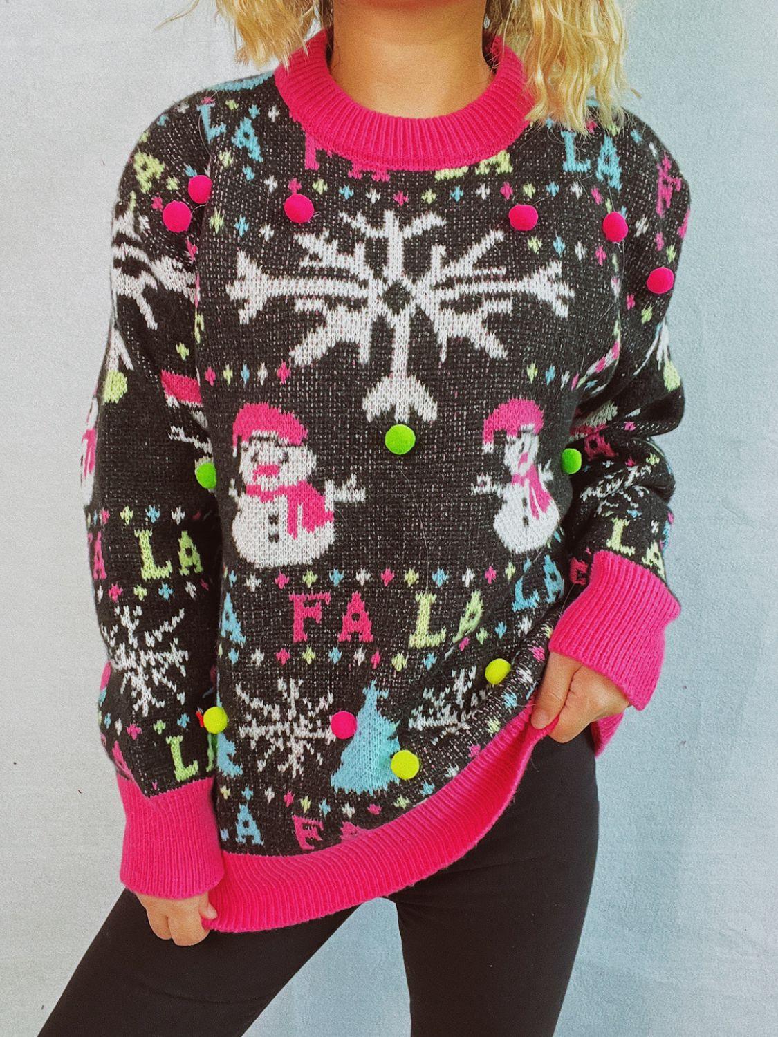 Snowman Contrast Trim Round Neck Sweater - Clothes For Her Online Store
