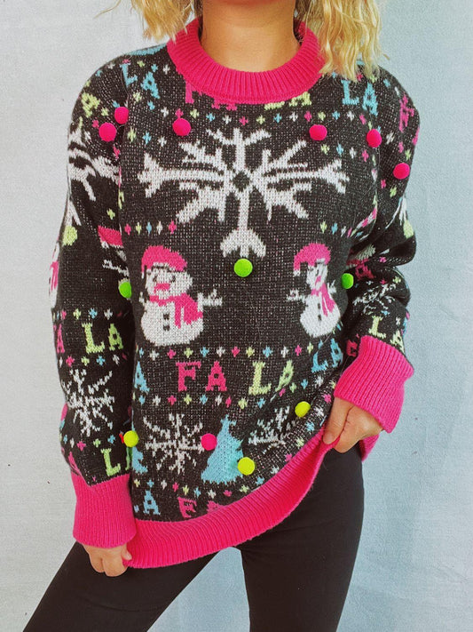 Snowman Contrast Trim Round Neck Sweater - Clothes For Her Online Store