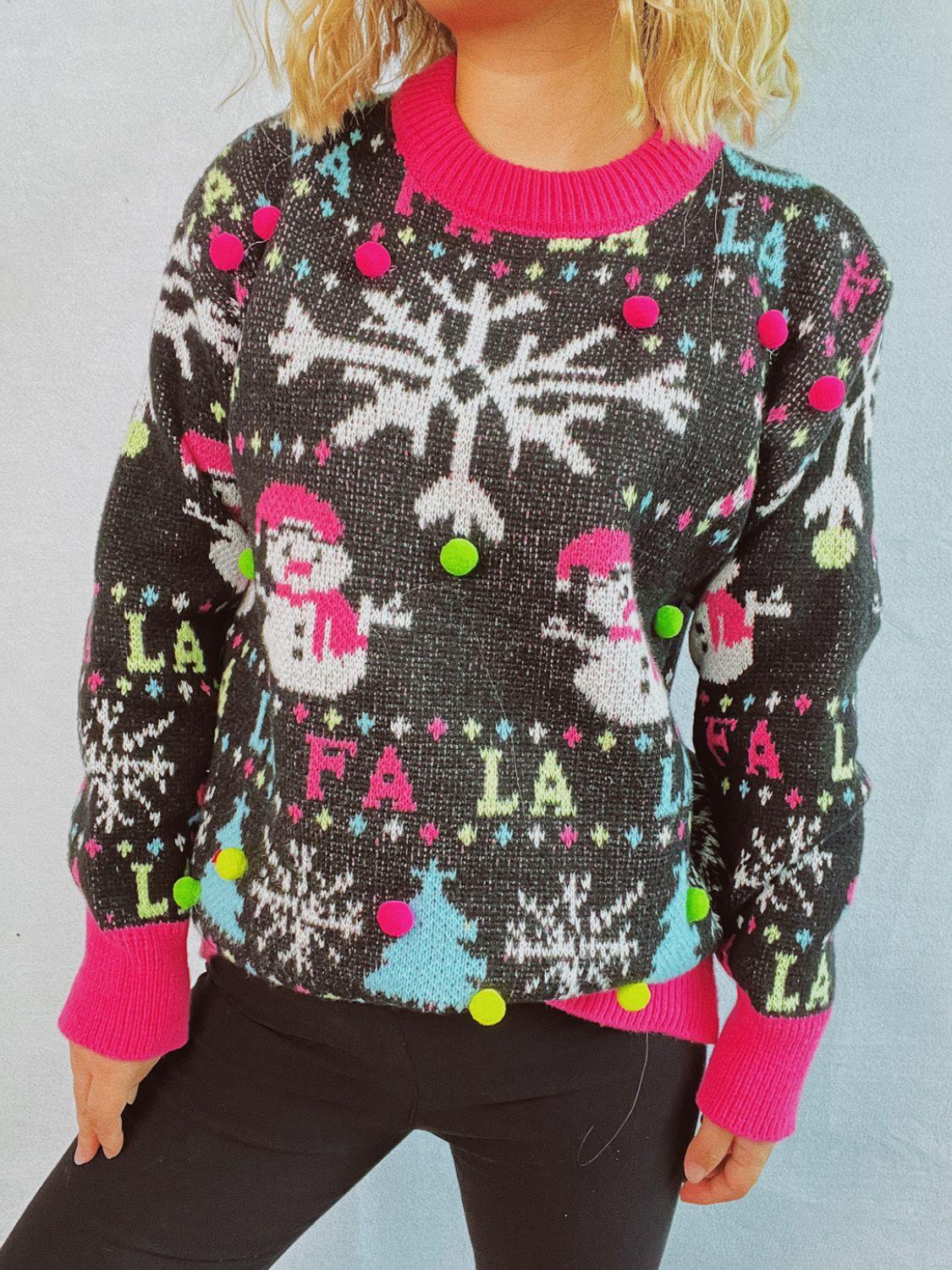 Snowman Contrast Trim Round Neck Sweater - Clothes For Her Online Store