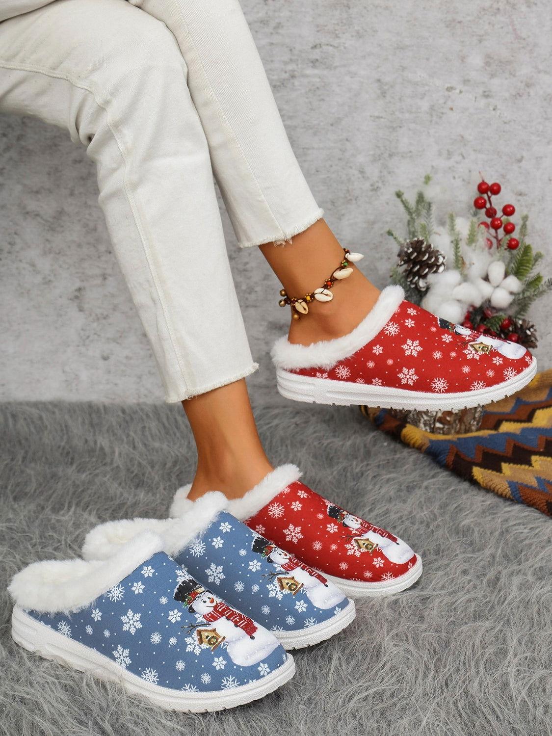 Snowman Print Flat Slippers with Faux Fur - Clothes For Her Online Store