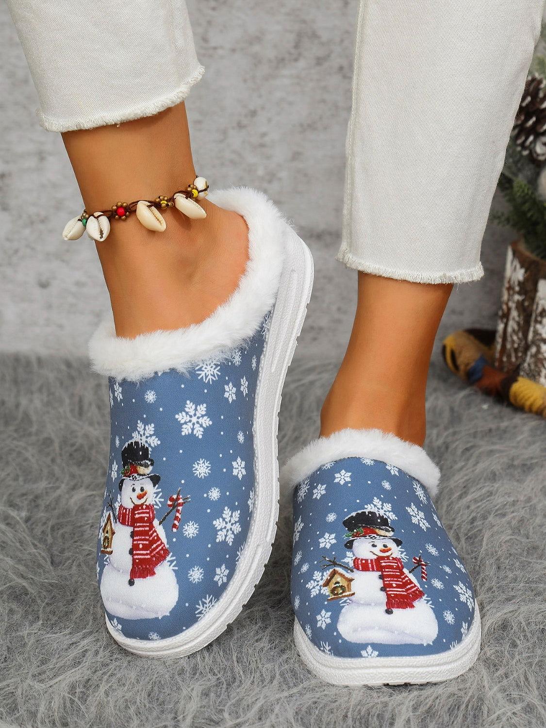Snowman Print Flat Slippers with Faux Fur - Clothes For Her Online Store