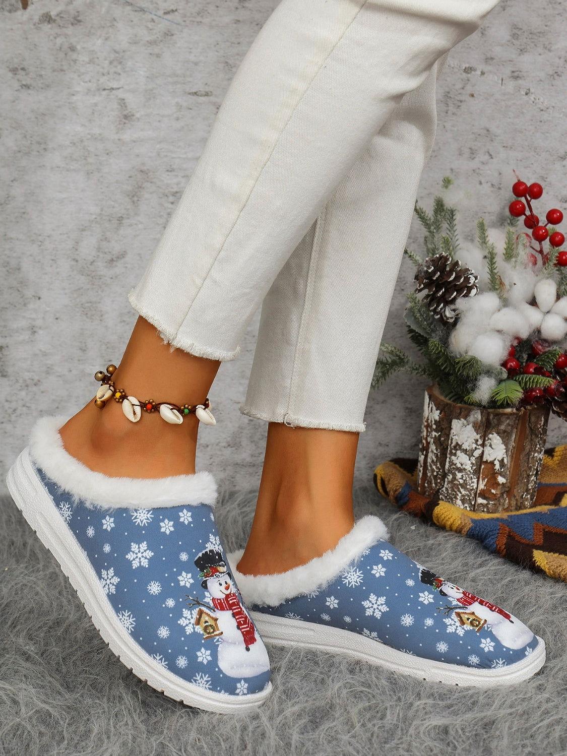 Snowman Print Flat Slippers with Faux Fur - Clothes For Her Online Store
