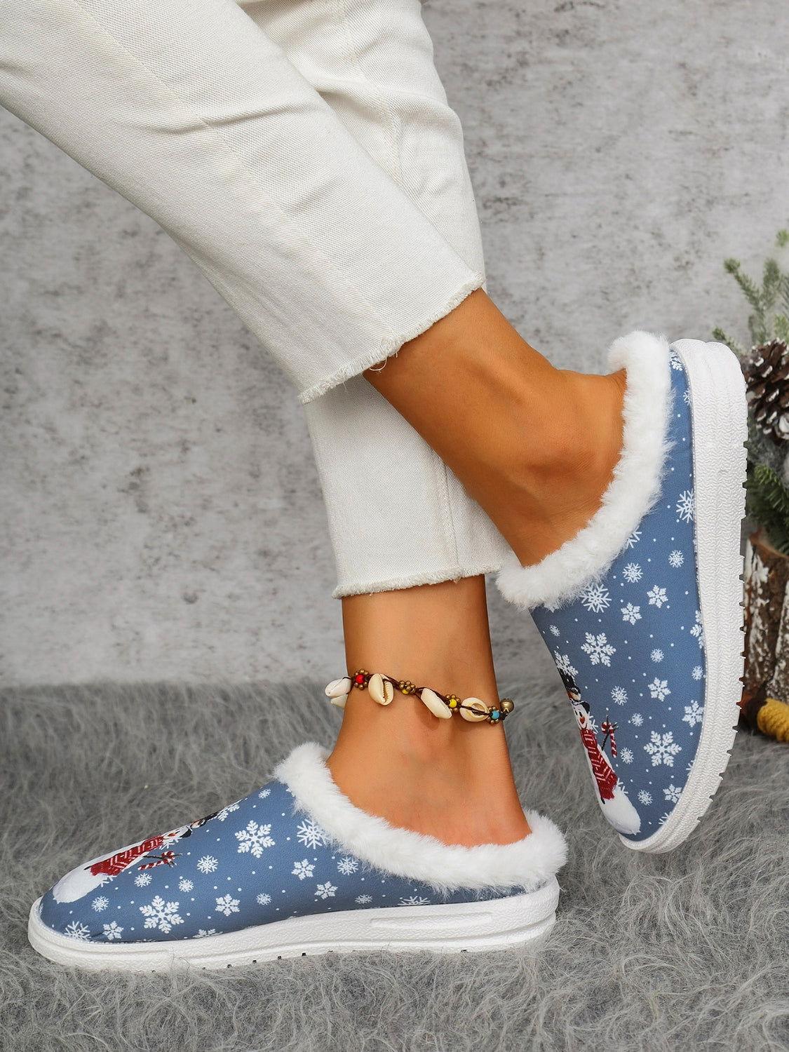 Snowman Print Flat Slippers with Faux Fur - Clothes For Her Online Store