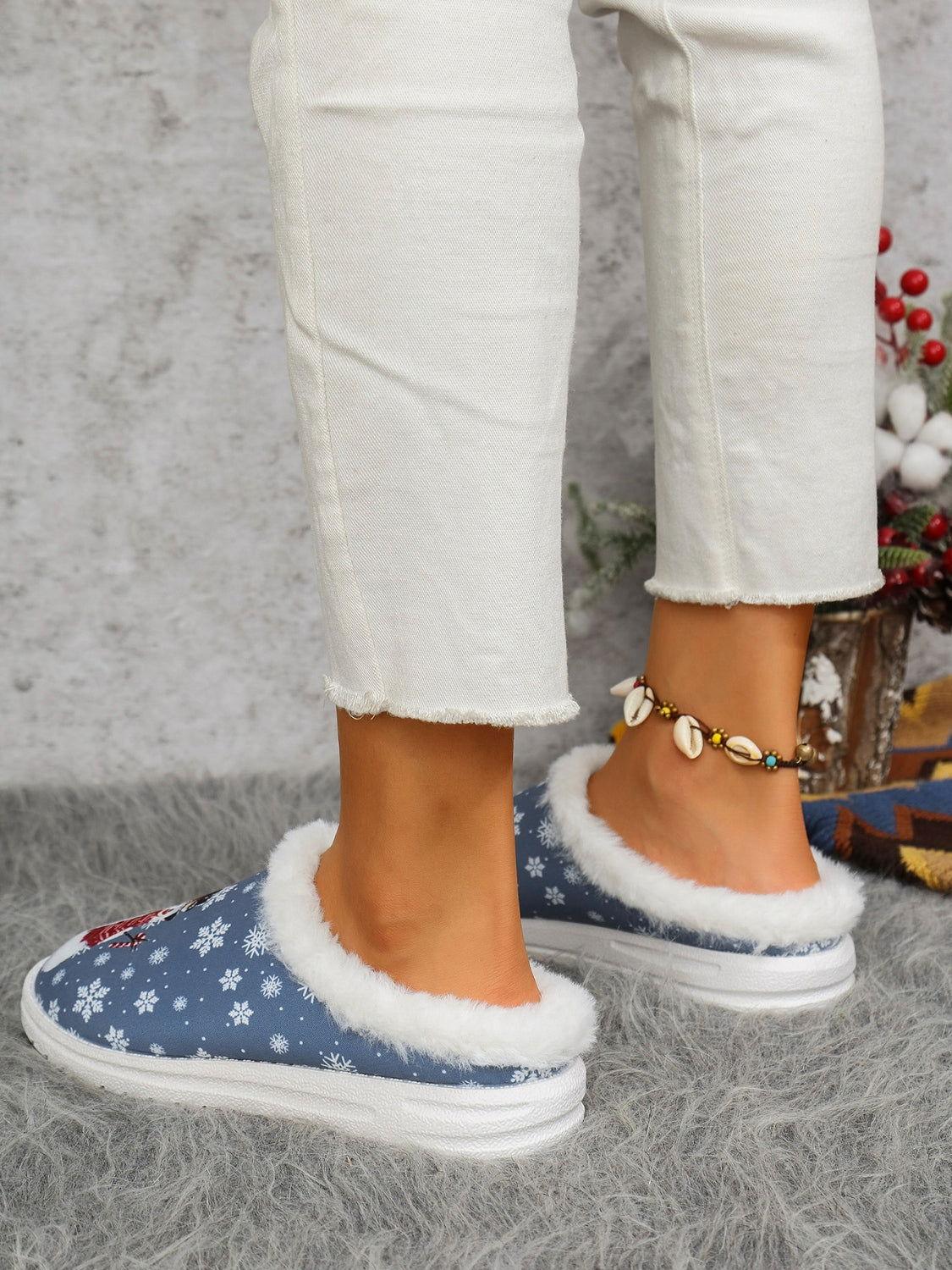 Snowman Print Flat Slippers with Faux Fur - Clothes For Her Online Store