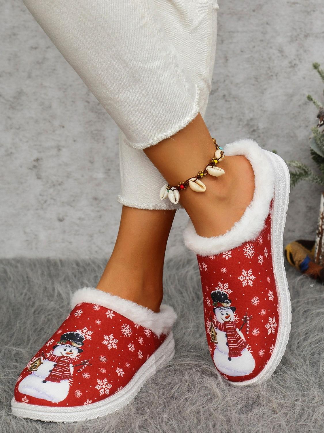 Snowman Print Flat Slippers with Faux Fur - Clothes For Her Online Store