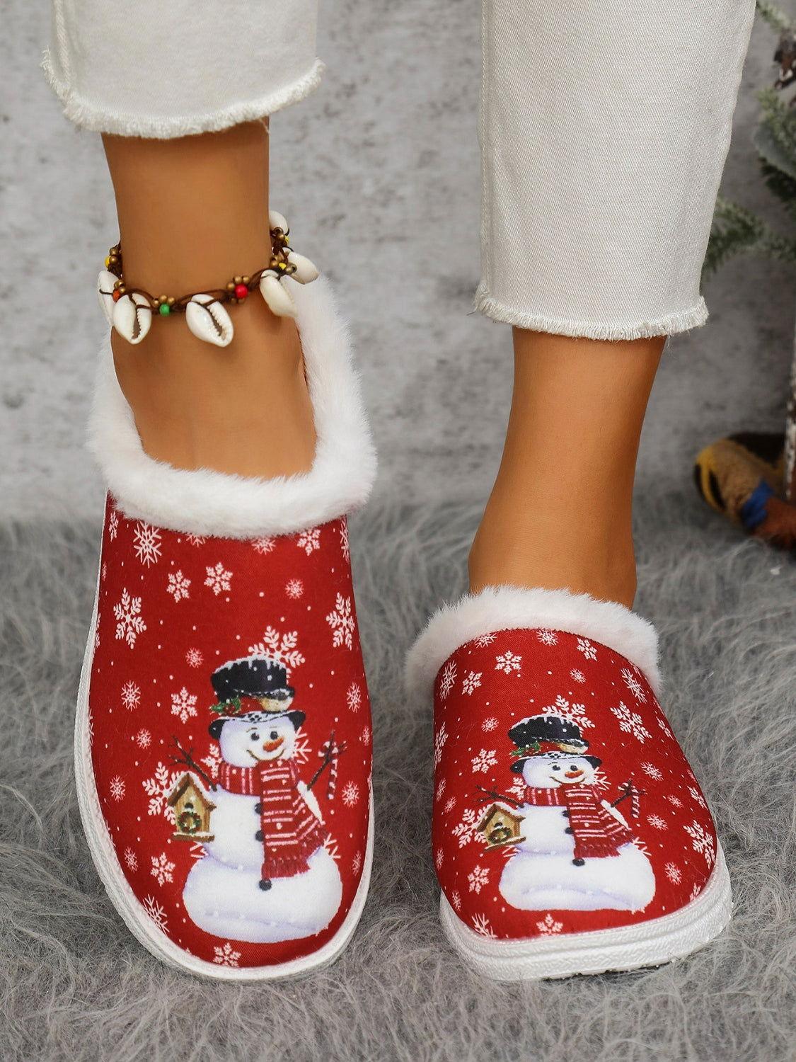 Snowman Print Flat Slippers with Faux Fur - Clothes For Her Online Store