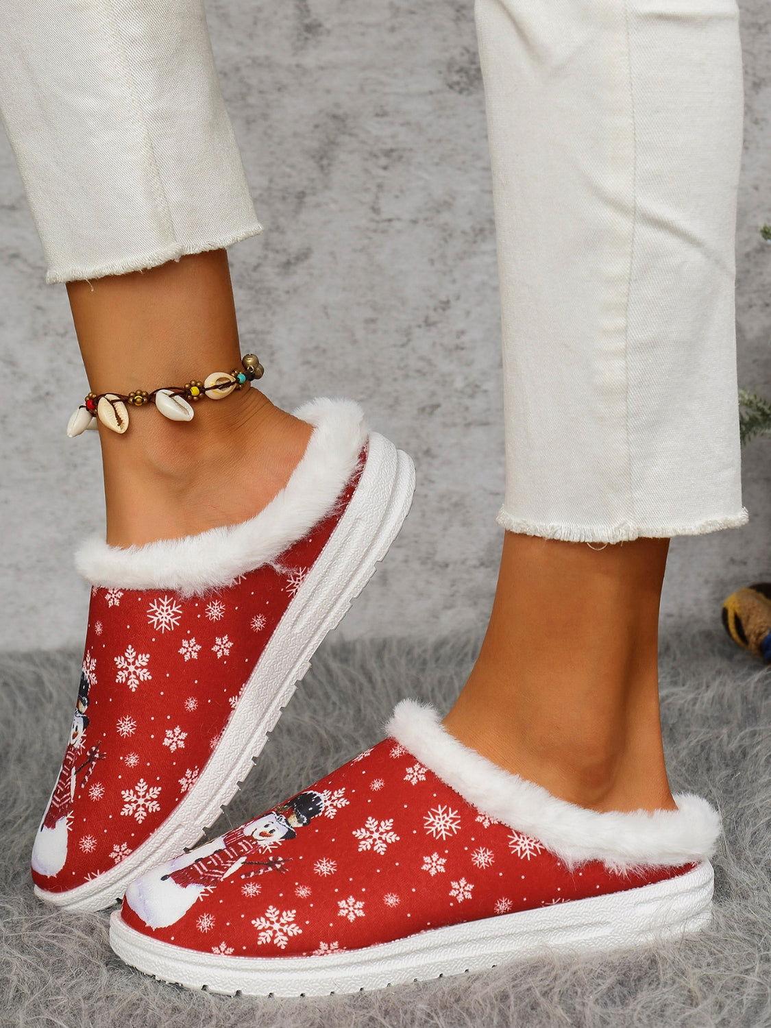 Snowman Print Flat Slippers with Faux Fur - Clothes For Her Online Store